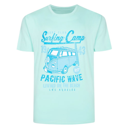 Mint green T-shirt with blue surfing camp van print front.
