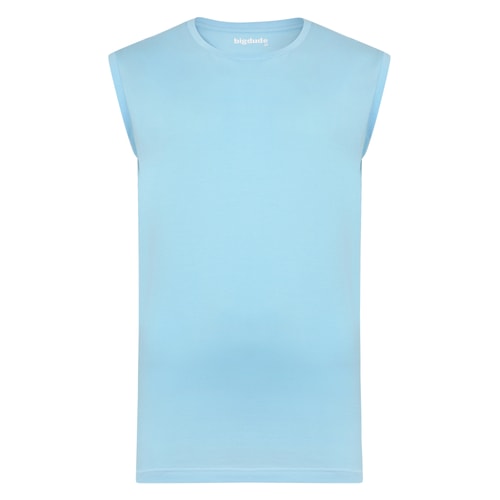 Sky blue sleeveless T-shirt laid flat, front view.