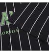 Thumbnail Close-up of sleeve and chest print on pinstripe T-shirt.