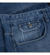 Thumbnail Close-up of front coin pocket on dark wash denim shorts.