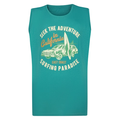 Teal sleeveless T-shirt with surfing print, flat front view.