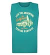 Thumbnail Teal sleeveless T-shirt with surfing print, flat front view.
