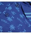 Thumbnail Close-up of button placket on blue palm tree print polo.