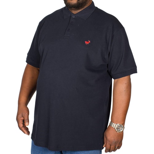 Navy short sleeve polo shirt with red chest embroidery.