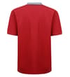 Thumbnail Crimson red polo shirt with chambray collar, back view.