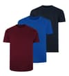 Three plain crew neck T-shirts in navy, burgundy and blue.