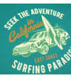 Thumbnail Close-up of the surfing paradise front print on teal fabric.