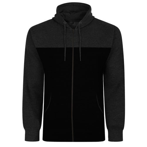 Black and charcoal colour block zip hoody, flat front.