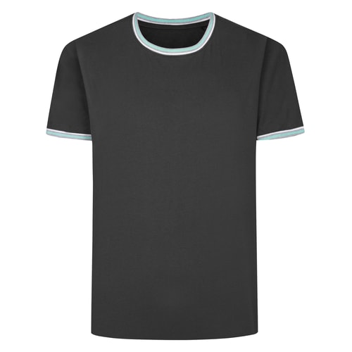 Front view of charcoal T-shirt with contrast tipped neck and sleeves.