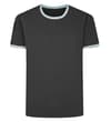 Front view of charcoal T-shirt with contrast tipped neck and sleeves.