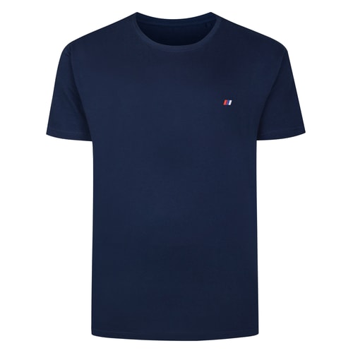 Front flat view of navy T-shirt with chest logo.