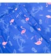 Thumbnail Close-up of blue swim shorts with flamingo print and pocket.