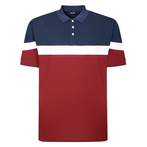 Flat front view of navy, white and burgundy polo shirt.