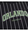 Thumbnail Close-up of Orlando Florida print on black pinstripe T-shirt.