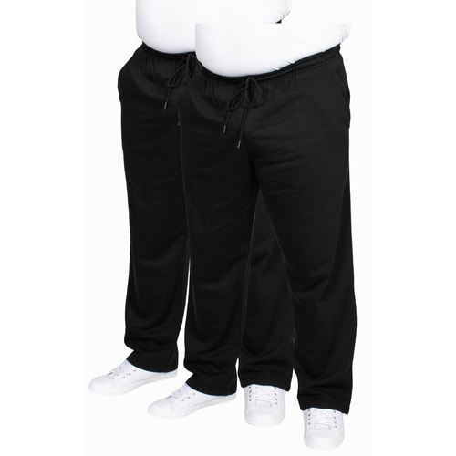 Two black open hem sweatpants shown on models.
