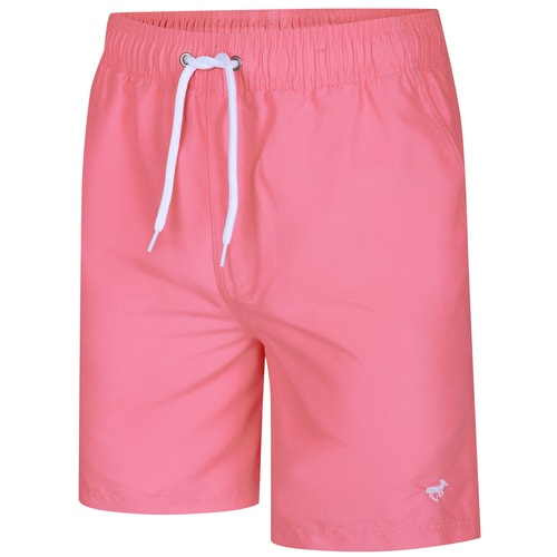Pink swim shorts front view with logo at hem.
