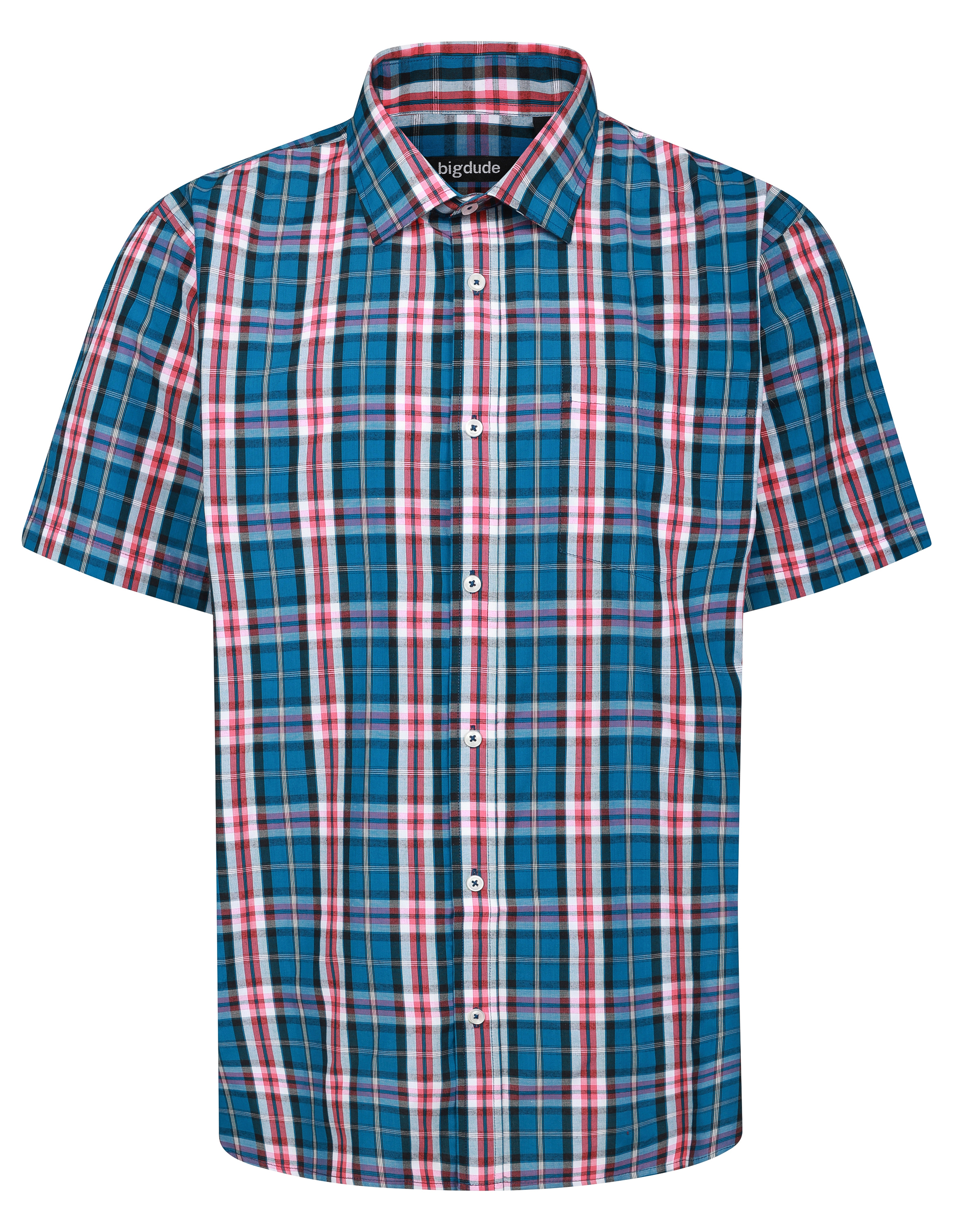 Bigdude Checked Poplin Short Sleeve Shirt Green/Navy Tall | BigDude