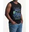Thumbnail Model wearing black sleeveless T-shirt with front print.