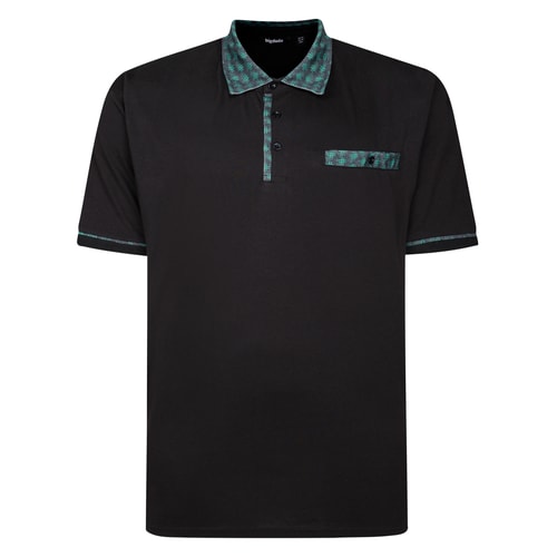 Front view of black polo with patterned trim and chest pocket.