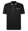 Front view of black polo with patterned trim and chest pocket.