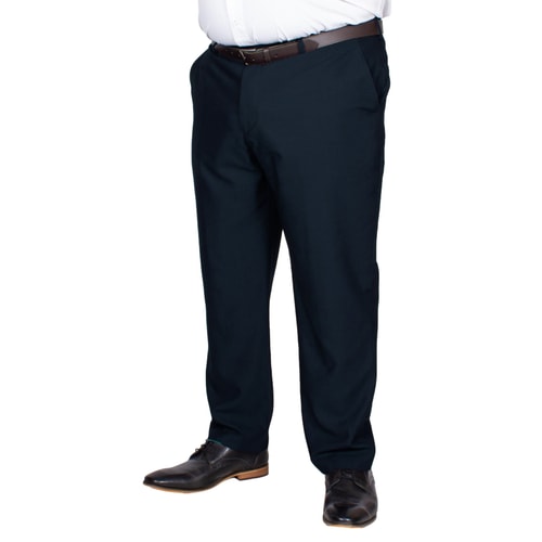 Navy trousers shown from the front on a model.