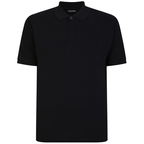 Black polo shirt, front view.