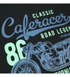 Thumbnail Motorcycle club front print close-up in blue and green.