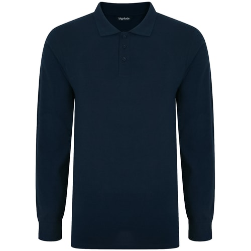 Navy long-sleeve polo shirt, front view.