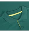 Thumbnail Teal polo shirt collar close-up with yellow inner trim.