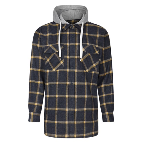 Dusty blue checked hooded flannel shirt, front flat view.