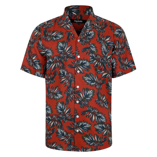 Pepper red short sleeve palm leaf shirt, alternate front view.