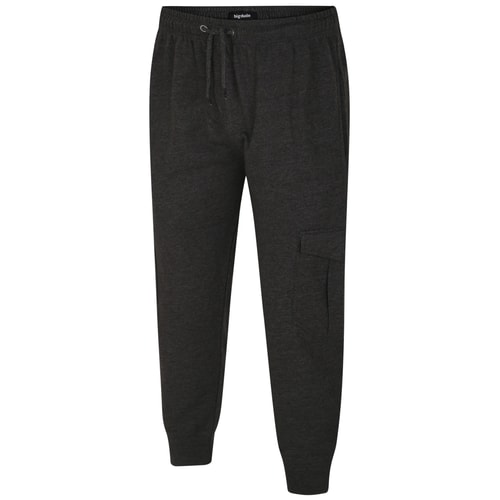 Charcoal cargo sweatpants, front view with one side pocket.