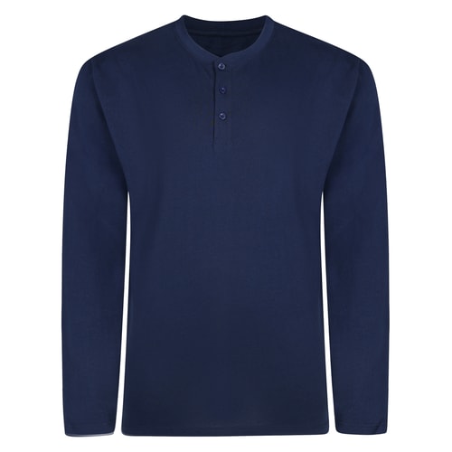 Navy long sleeve grandad T-shirt, front view.