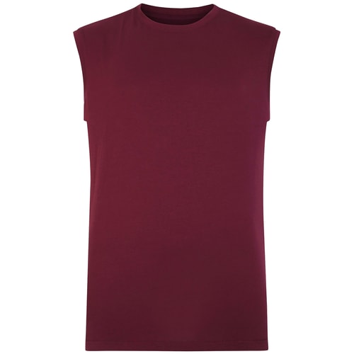 Burgundy sleeveless crew neck T-shirt, front view.