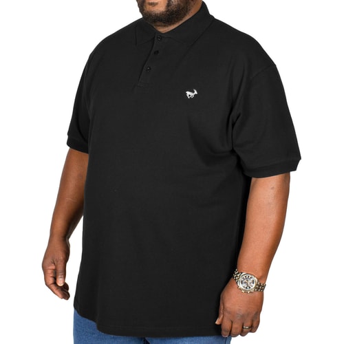 Black short sleeve polo shirt with white chest logo.