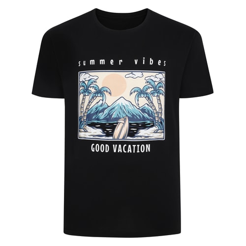 Black T-shirt with summer beach graphic and slogan front.