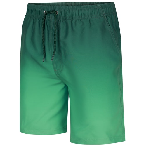 Front angled view of dark green ombre swim shorts.