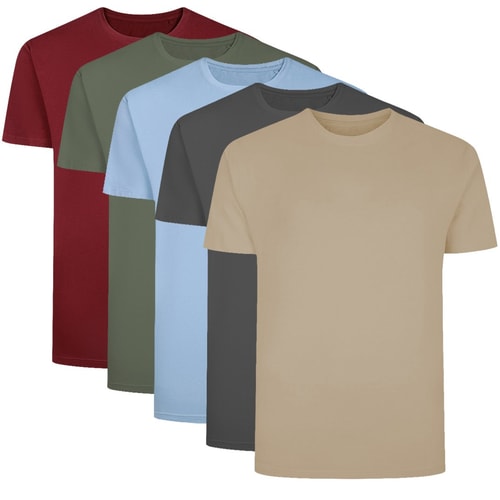 Five plain crew neck T-shirts in maroon, green, blue, charcoal and sand.