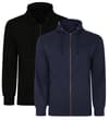 Thumbnail Black and navy zip hoodies shown together, front view.