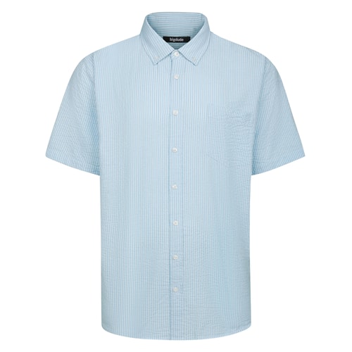 Front view of light blue striped short sleeve shirt.