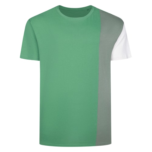 Front view of green colour block crew neck T-shirt.