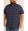 Thumbnail Model wearing blue short sleeve check shirt, front view.