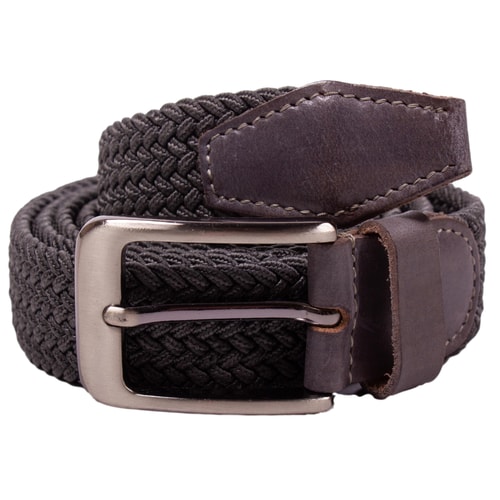 Grey braided stretch belt with metal pin buckle.