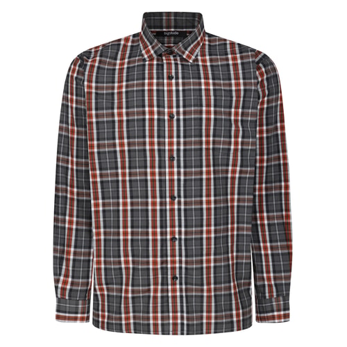 Charcoal checked long sleeve shirt, flat front view.