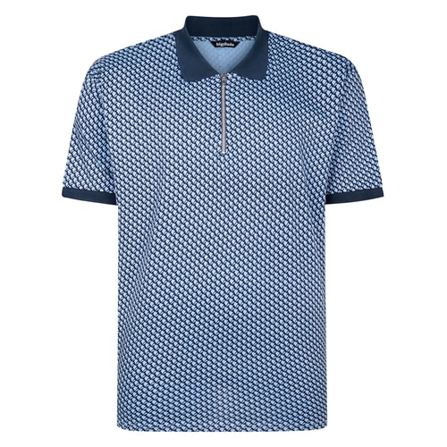 Navy geometric print polo shirt with zip placket, front view.