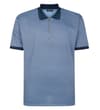 Thumbnail Navy geometric print polo shirt with zip placket, front view.