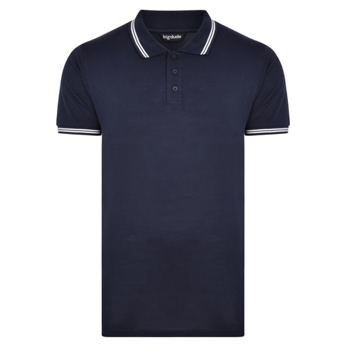 Navy polo shirt with white tipped collar and sleeve cuffs.