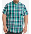 Thumbnail Sage green check short sleeve shirt worn by model, front view.