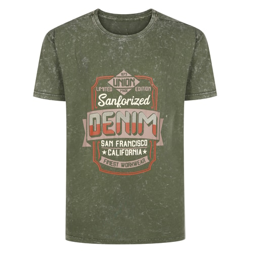 Front view of olive acid wash T-shirt with crew neck print.