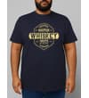 Thumbnail Navy whisky print T-shirt shown on a model, front view.